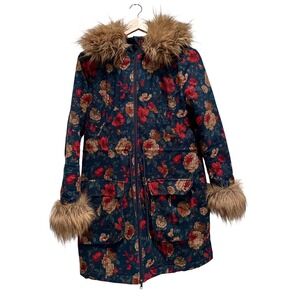 Joe Browns Colorful Floral Jacket Parka Mid Length Faux Fur Zip Hood Size US 6